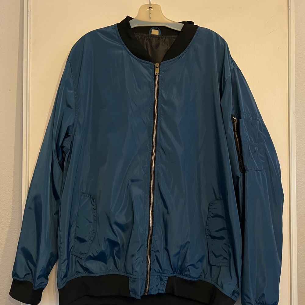 Blue Bomber Jacket with Ribbed Collar and Waistband
